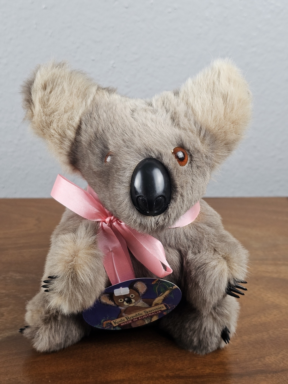 NWT Vintage KOALA Australian Souvenir Plush Real Fur 10" Hard Body Pink Bow